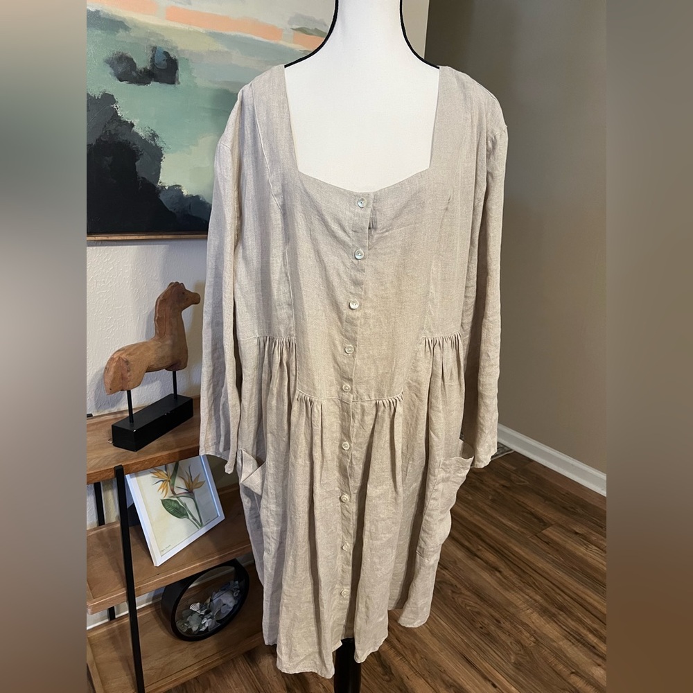 Gudrun Sjödén Linen Button Front Dress Tunic XXL Natural Flax Pockets Lagenlook - Picture 3 of 11